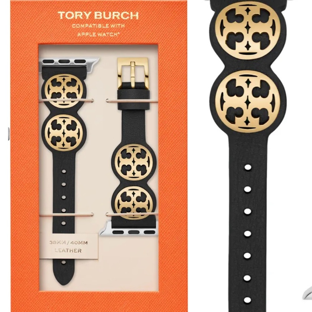 Tory Burch Apple Watch band black leather logo Miller nwt gift accessory 42 44mm